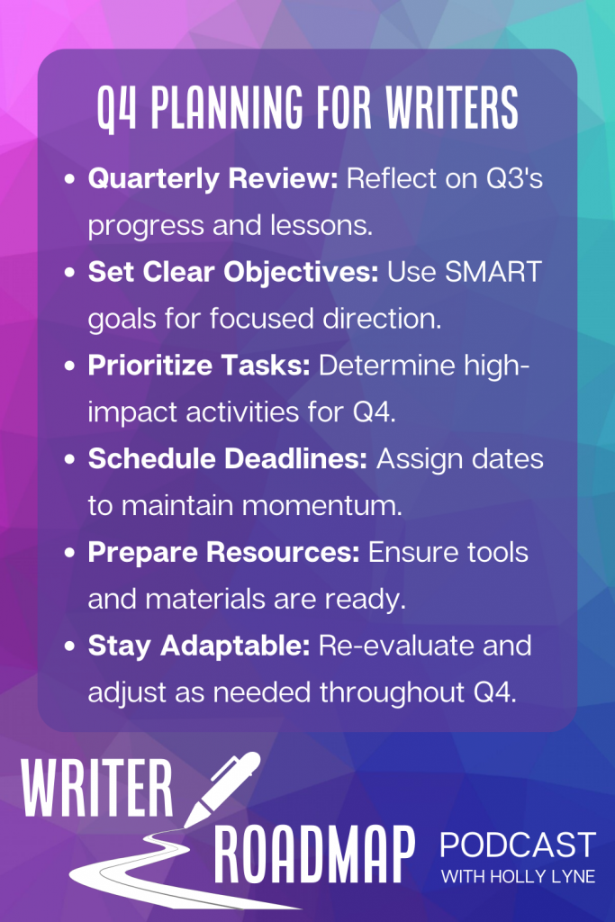     Quarterly Review: Reflect on Q3's progress and lessons.
    Set Clear Objectives: Use SMART goals for focused direction.
    Prioritize Tasks: Determine high-impact activities for Q4.
    Schedule Deadlines: Assign dates to maintain momentum.
    Prepare Resources: Ensure tools and materials are ready.
    Stay Adaptable: Re-evaluate and adjust as needed throughout Q4.