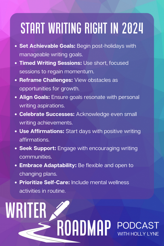 Infographic summarising main text of article. Text reads:

Set Achievable Goals: Begin post-holidays with manageable writing goals.
Timed Writing Sessions: Use short, focused sessions to regain momentum.
Reframe Challenges: View obstacles as opportunities for growth.
Align Goals: Ensure goals resonate with personal writing aspirations.
Celebrate Successes: Acknowledge even small writing achievements.
Use Affirmations: Start days with positive writing affirmations.
Seek Support: Engage with encouraging writing communities.
Embrace Adaptability: Be flexible and open to changing plans.
Prioritize Self-Care: Include mental wellness activities in routine.