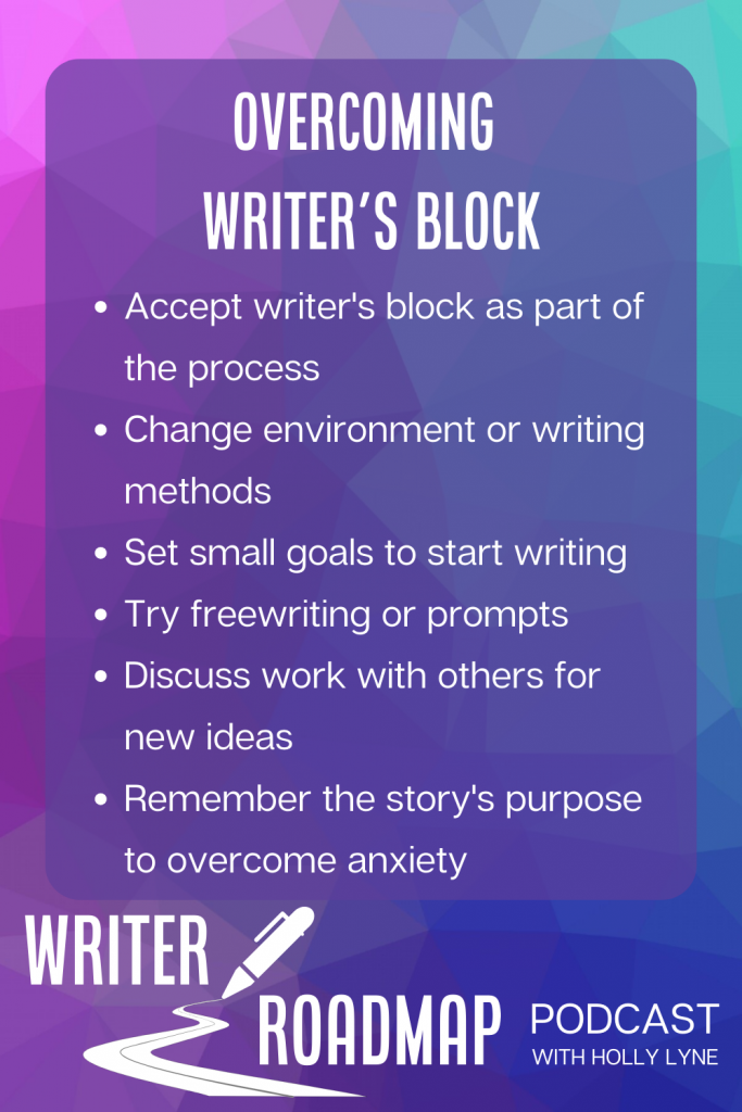 Infographic summarising main points of article. Text reads:
Overcoming Writer's Block
Accept writer's block as part of the process
Change environment or writing methods
Set small goals to start writing
Try freewriting or prompts
Discuss work with others for new ideas
Remember the story's purpose to overcome anxiety