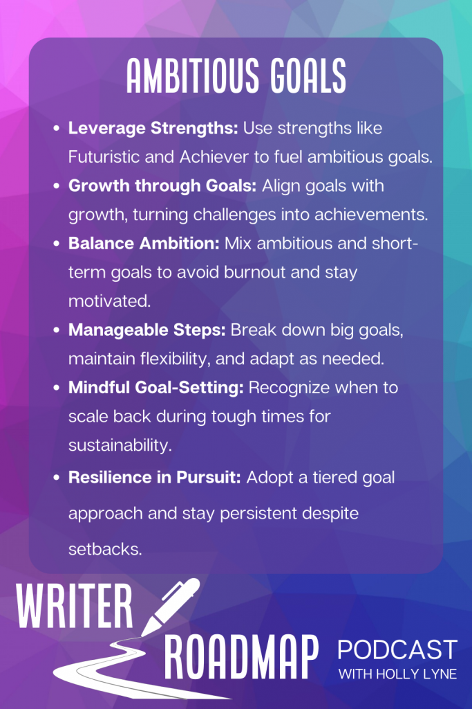 Inforgraphic summarising article. Text reads:
    Leverage Strengths: Use strengths like Futuristic and Achiever to fuel ambitious goals.
    Growth through Goals: Align goals with growth, turning challenges into achievements.
    Balance Ambition: Mix ambitious and short-term goals to avoid burnout and stay motivated.
    Manageable Steps: Break down big goals, maintain flexibility, and adapt as needed.
    Mindful Goal-Setting: Recognize when to scale back during tough times for sustainability.
    Resilience in Pursuit: Adopt a tiered goal approach and stay persistent despite setbacks.