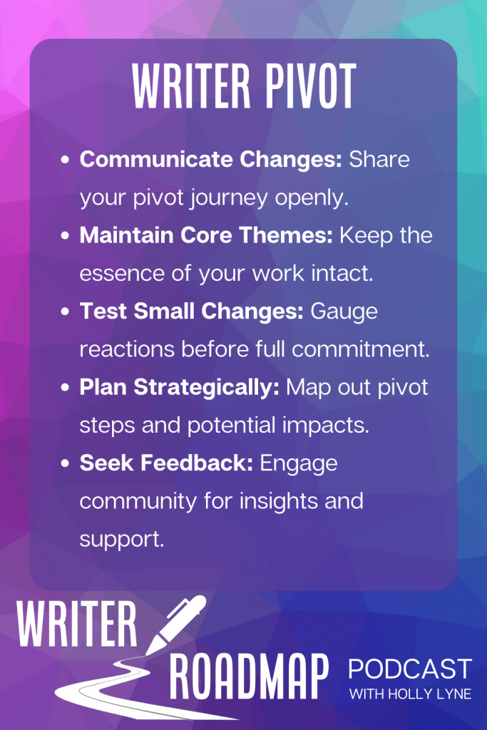 Brightly coloured infographic summary of pivoting tips. Text reads:
    Communicate Changes: Share your pivot journey openly.
    Maintain Core Themes: Keep the essence of your work intact.
    Test Small Changes: Gauge reactions before full commitment.
    Plan Strategically: Map out pivot steps and potential impacts.
    Seek Feedback: Engage community for insights and support.