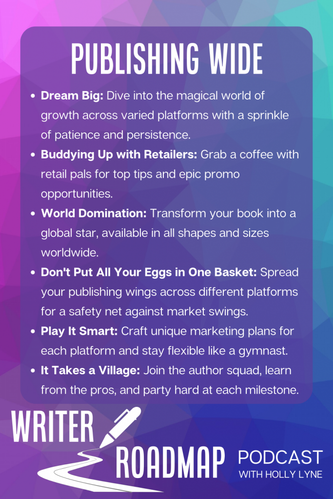 Inforgraphic summarising article text. Text reads:
Publishing Wide
Dream Big: Dive into the magical world of growth across varied platforms with a sprinkle of patience and persistence.
Buddying Up with Retailers: Grab a coffee with retail pals for top tips and epic promo opportunities.
World Domination: Transform your book into a global star, available in all shapes and sizes worldwide.
Don't Put All Your Eggs in One Basket: Spread your publishing wings across different platforms for a safety net against market swings.
Play It Smart: Craft unique marketing plans for each platform and stay flexible like a gymnast.
It Takes a Village: Join the author squad, learn from the pros, and party hard at each milestone.