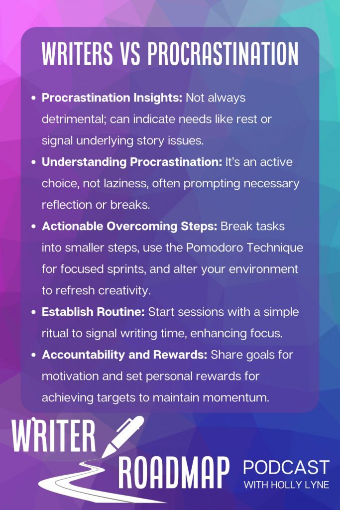 Colourful infographic summary of article. Text reads:
Procrastination Insights: Not always detrimental; can indicate needs like rest or signal underlying story issues.
Understanding Procrastination: It’s an active choice, not laziness, often prompting necessary reflection or breaks.
Actionable Overcoming Steps: Break tasks into smaller steps, use the Pomodoro Technique for focused sprints, and alter your environment to refresh creativity.
Establish Routine: Start sessions with a simple ritual to signal writing time, enhancing focus.
Accountability and Rewards: Share goals for motivation and set personal rewards for achieving targets to maintain momentum.